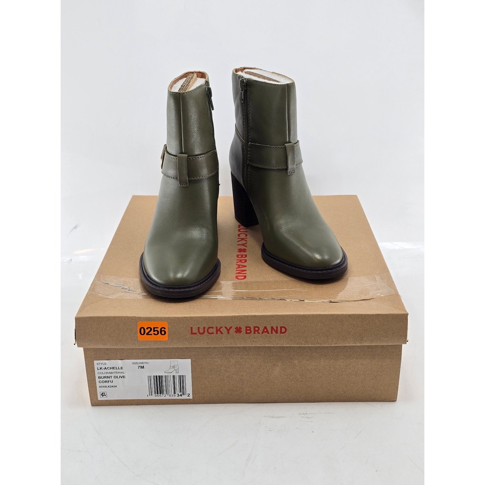 Lucky Brand Achelle Ankle Boots Womens 7M Burnt‎ Olive Buckle Leather -New